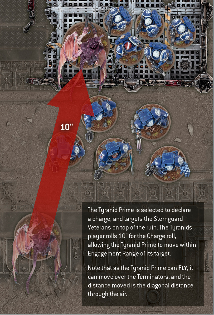 A Tyranids model that can Fly declares a charge against a Space Marines unit that is on top of a piece of elevated terrain, while there is another intervening Space Marines unit in between the two. The Tyranids player rolls a ten for their Charge roll which is enough to get their model within Engagement Range of the target, as they ignore the intervening unit and measure the diagonal distance through the air to where they end the move.