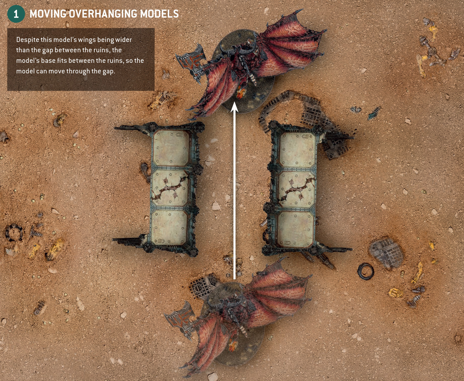 Diagram 1. A model on an oval base, that has parts of itself overhanging the base, wishes to move through a gap between two terrain features. The gap is narrower than the overhanging parts of the model, but is wider than its base. Because the model is a Monster, it is able to move between them. It ends the move on the other side of the gap, without having to pivot.