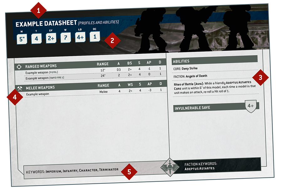 The front of an example datasheet. Section 1, in the top left, is the datasheet name. Just below this is section 2, the profiles. Below this the datasheet is split into two halves. The left half is section 4, which is weapons, and the right half is section 3, which is abilities. Finally, at the bottom is section 5, which is keywords.