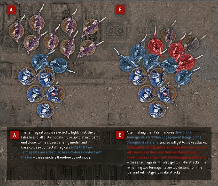 A Termagant unit that is within Engagement Range of a Space Marine unit is selected to fight. First, the unit Piles In and all of its models move up to three inches in order to end closer to the closest enemy model, and in base-to-base contact if they can. Two of the Termagants are already in base-to-base contact with the Space Marines and, as such, cannot move.  After making their Pile-in moves, five of the Termagants are within Engagement Range of the Space Marines, and so will get to make attacks. Three other Termagants are in base-to-base contact with models in their unit that are themselves in base-to-base contact with the Space Marines – and so they will also get to attack. The remaining two Termagants will not get to attack.