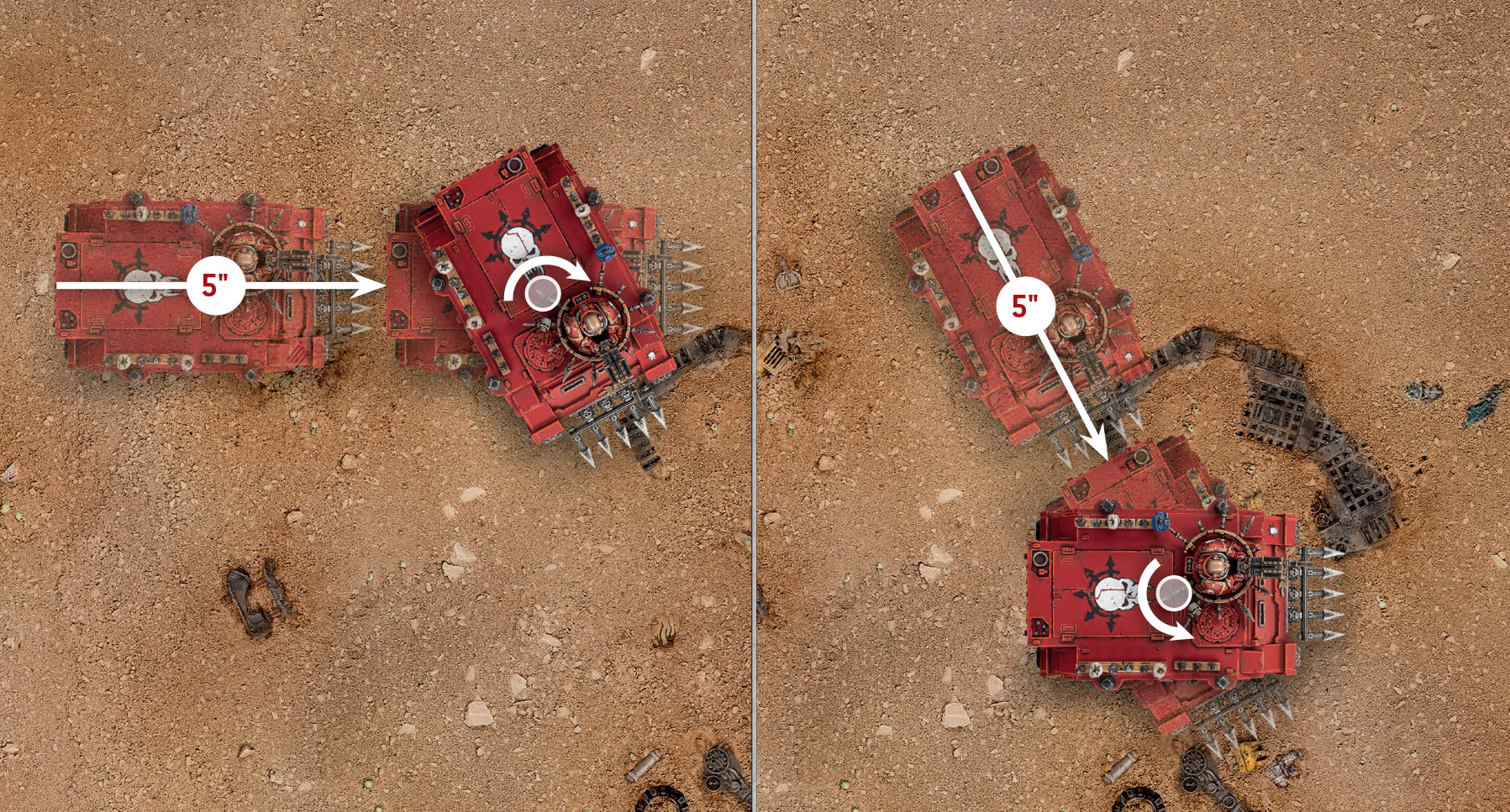 Diagram seven. This time the same Vehicle model from diagram five wishes to pivot multiple times during the move. It moves five inches directly forwards, in a straight line, leaving a remaining distance of seven inches. Then, it pivots around its central axis. Subtracting its pivot value of two inches, this leaves a remaining distance of five inches. Next, it moves five inches directly forwards, in a straight line, leaving a remaining distance of zero inches. Finally, it pivots around its central axis again. It can do this because the pivot value was already subtracted from the remaining distance earlier in the move.