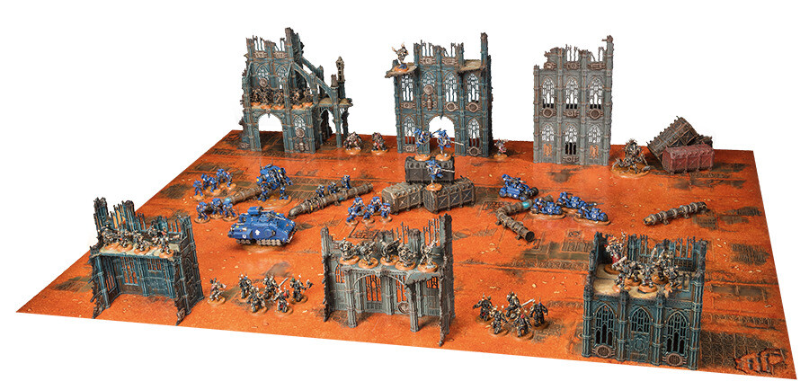 This Strike Force battlefield has six large ruins, three placed in each deployment zone along the battlefield edges, with several obstacles place along the centre-line of the battlefield. This does not make for a good matched play game as all of the scenery that blocks line of sight is placed at the edges of the battlefield, making it very hard for models to hide from the enemy’s shooting units, heavily benefiting shooting armies. It would make for a very thematic set-up for a narrative game, however.