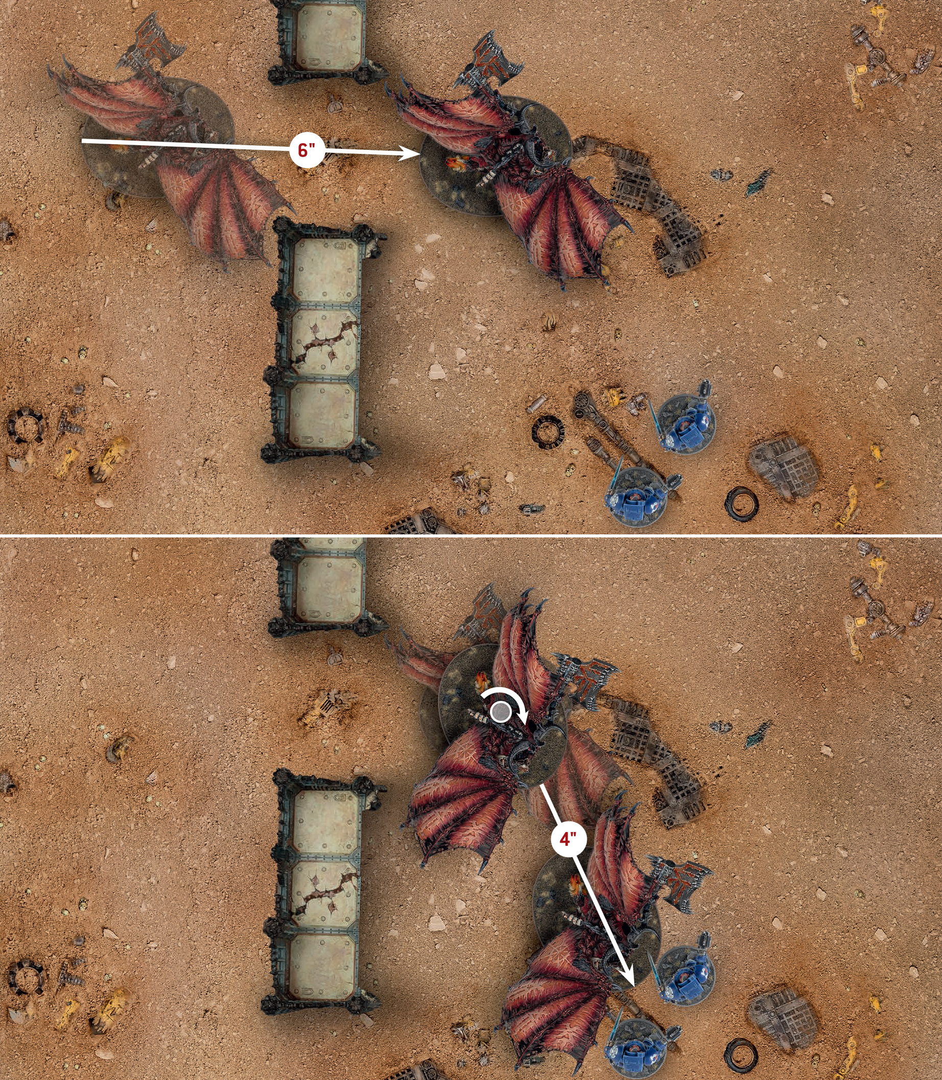 Diagram eight. A Monster model on an oval base that has parts of itself overhanging the base declares a charge against an enemy unit. Its Charge roll is twelve inches. It has to move through a gap between two terrain pieces that are narrower than it is. But, as the gap is wider than its base, it is able to do this. So, it moves six inches in a straight line to clear this gap. It then pivots around its central axis. Subtracting its pivot value of two inches, this leaves four inches remaining from the Charge roll. Finally, it moves four inches in a straight line towards the enemy unit, ending within Engagement Range and completing its Charge move.